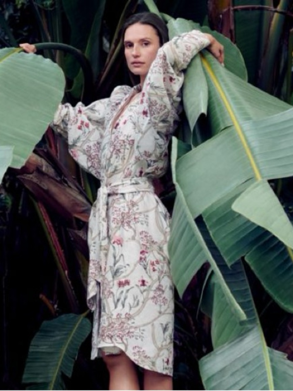 Johanna Ortiz Cream Floral Cotton Robe with Pink Accents